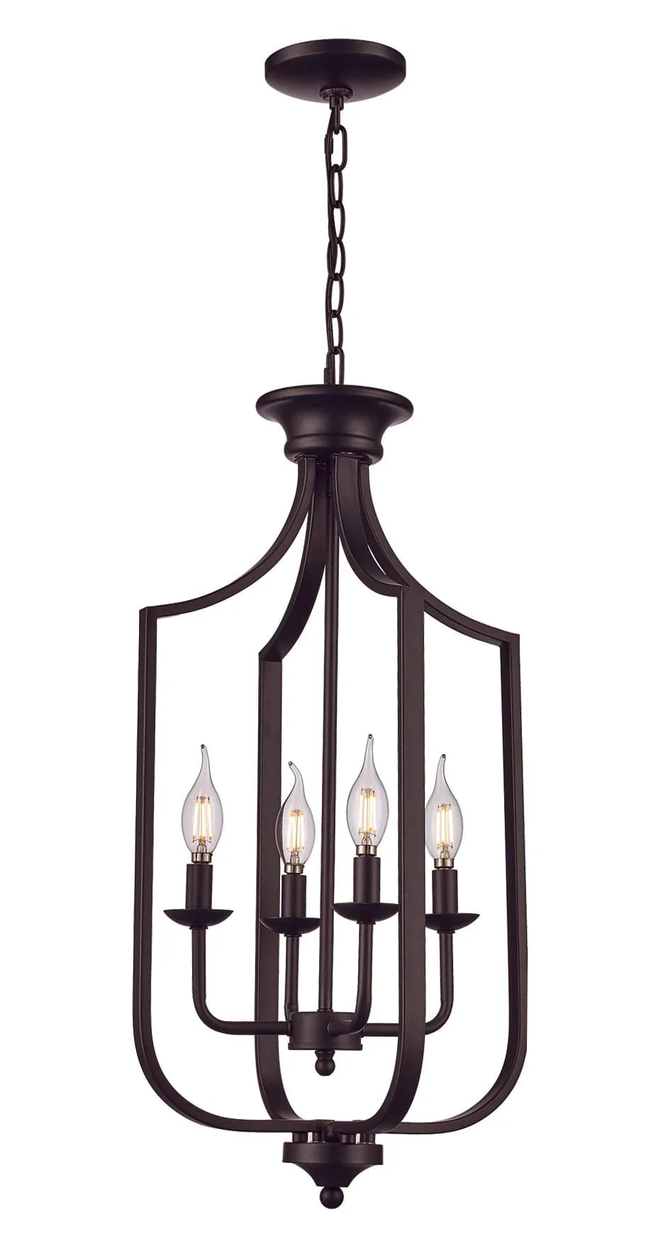Cage chandelier pendant light with four exposed bulbs for modern dining or entryway lighting