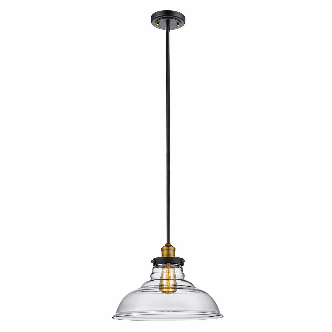 Industrial pendant light with clear glass shade and black rod for kitchen island or dining area