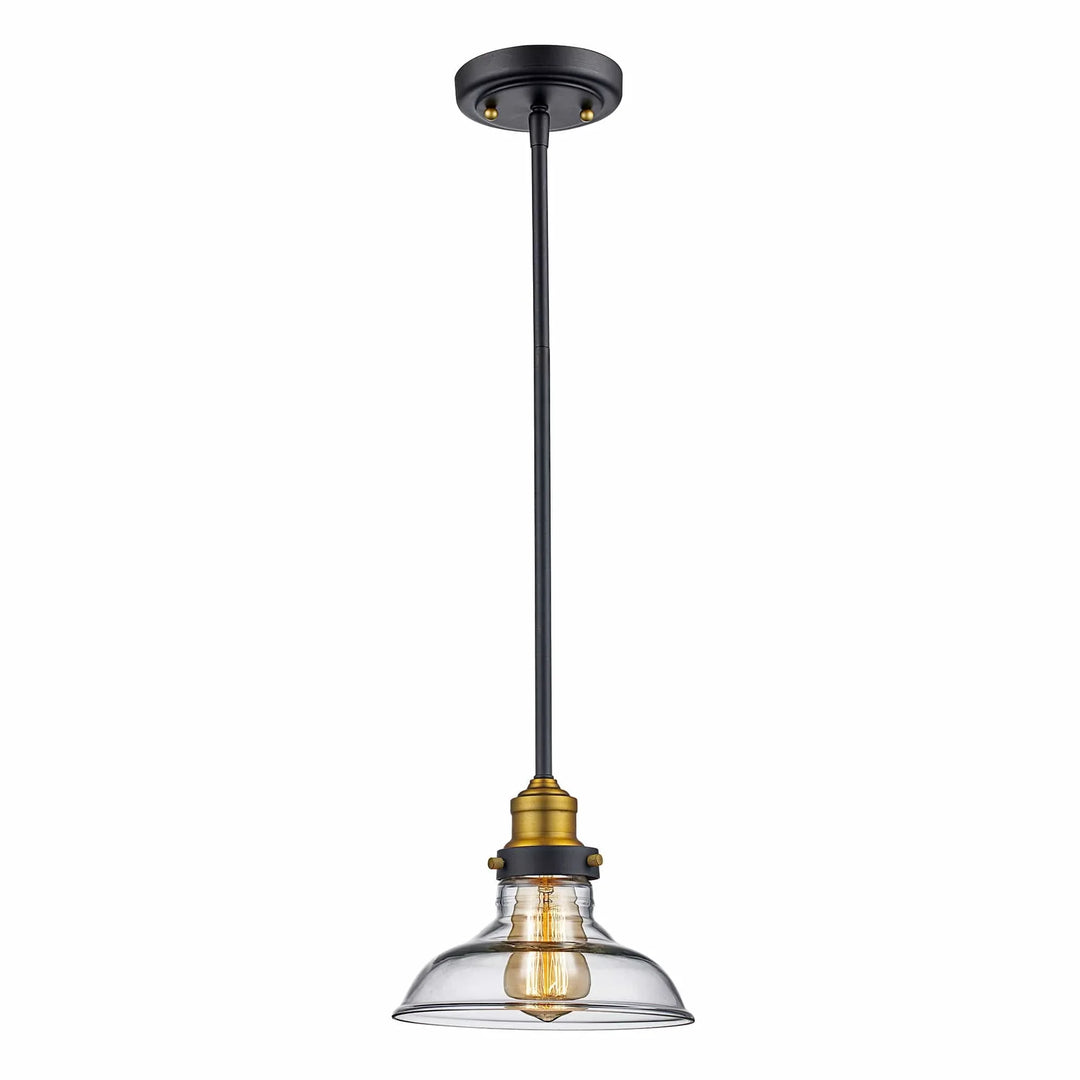 Industrial pendant light with clear glass shade and exposed bulb for kitchen or dining area