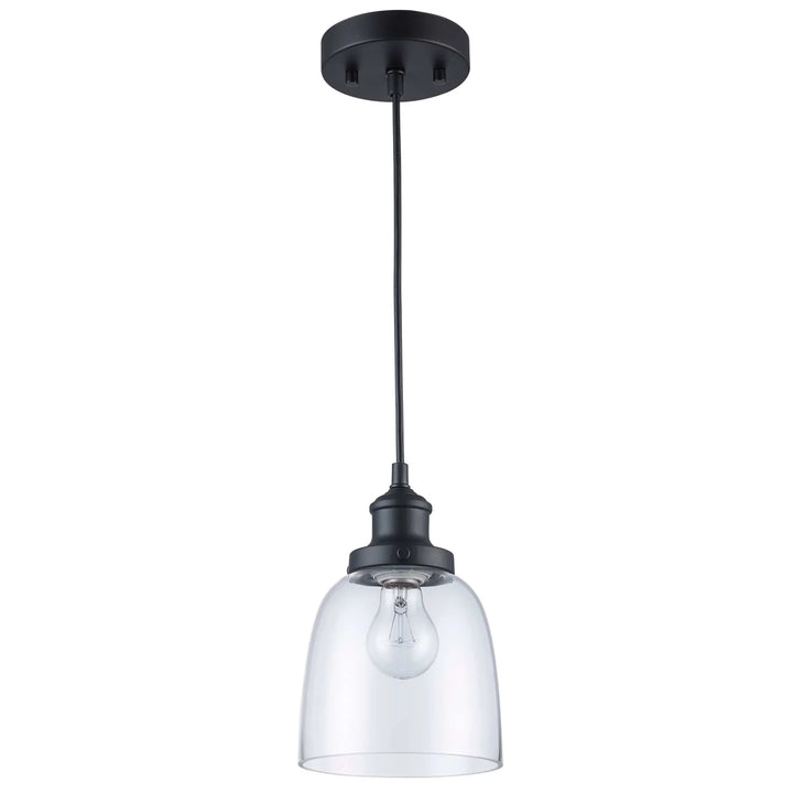 Pendant light with clear glass shade and black fixture for kitchen or dining room lighting