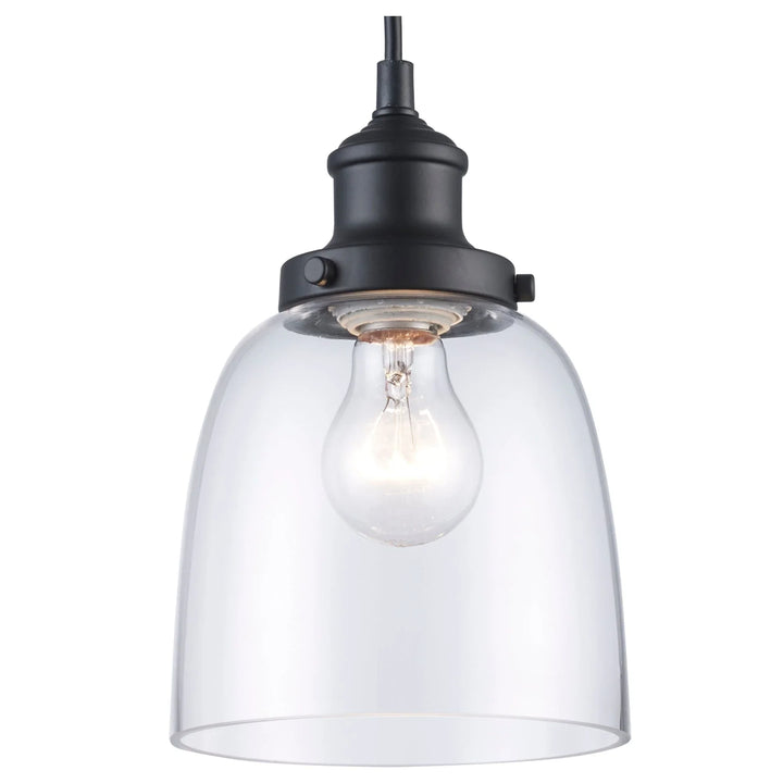Glass shade pendant light with exposed bulb and black fixture for kitchen island lighting