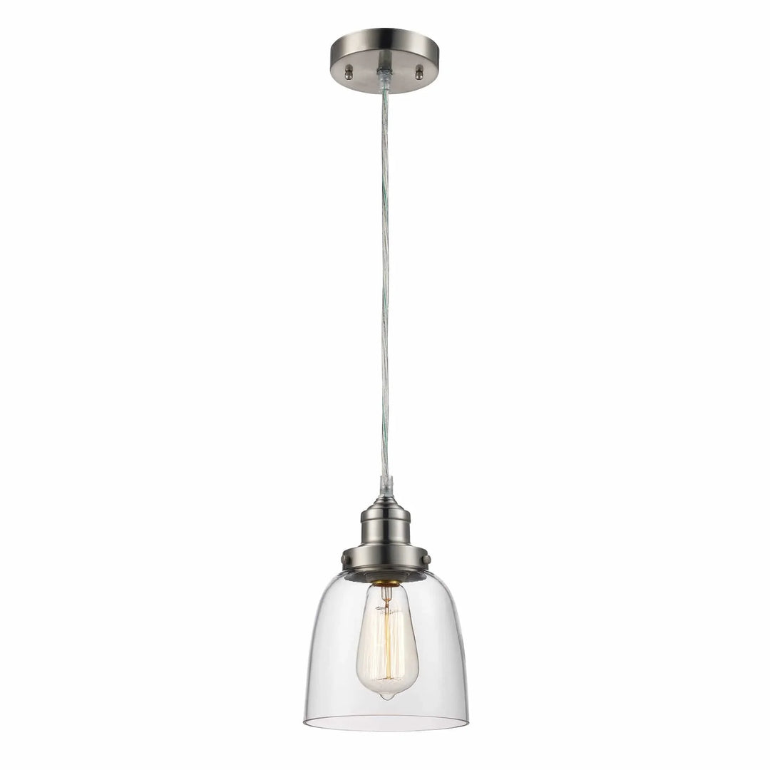 Glass shade pendant light with brushed nickel finish and visible Edison bulb for kitchen or dining areas