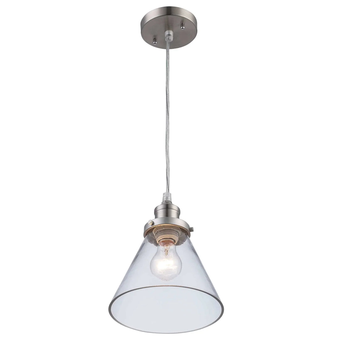 Mini pendant light with clear glass shade and brushed nickel finish for kitchen island lighting