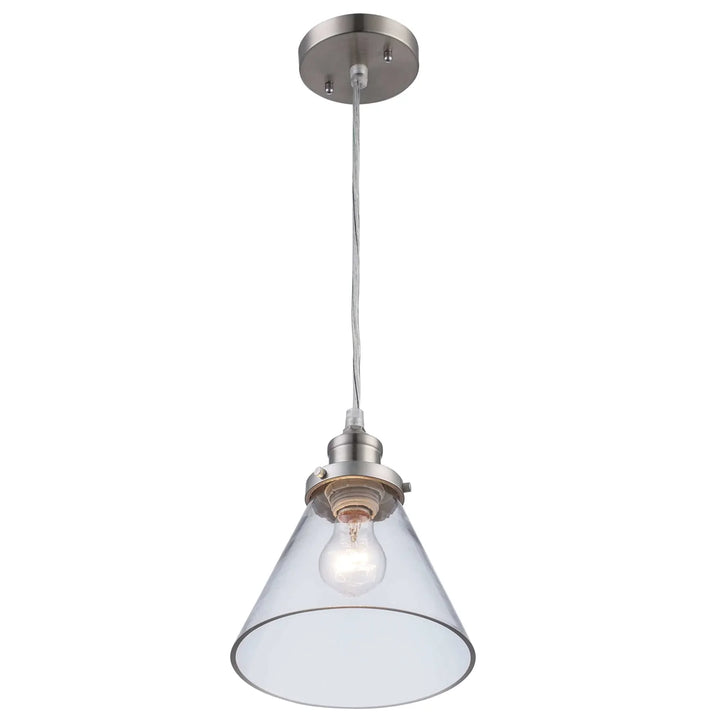Mini pendant light with clear glass shade and brushed nickel finish for kitchen island lighting