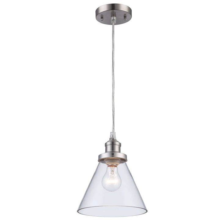Pendant light with brushed nickel finish and clear cone glass shade for kitchen island lighting