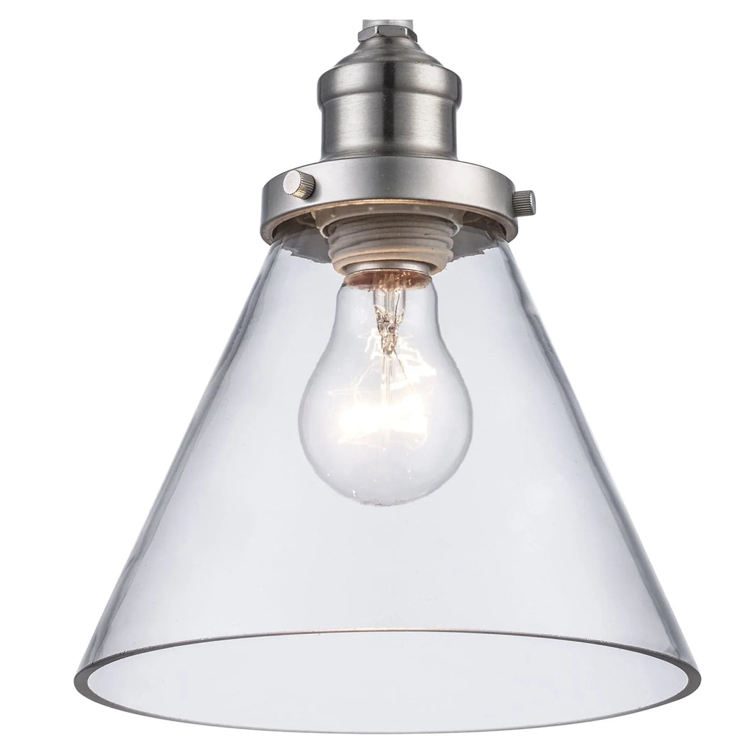 Mini pendant ceiling light with clear glass cone shade and exposed bulb for kitchen or entryway
