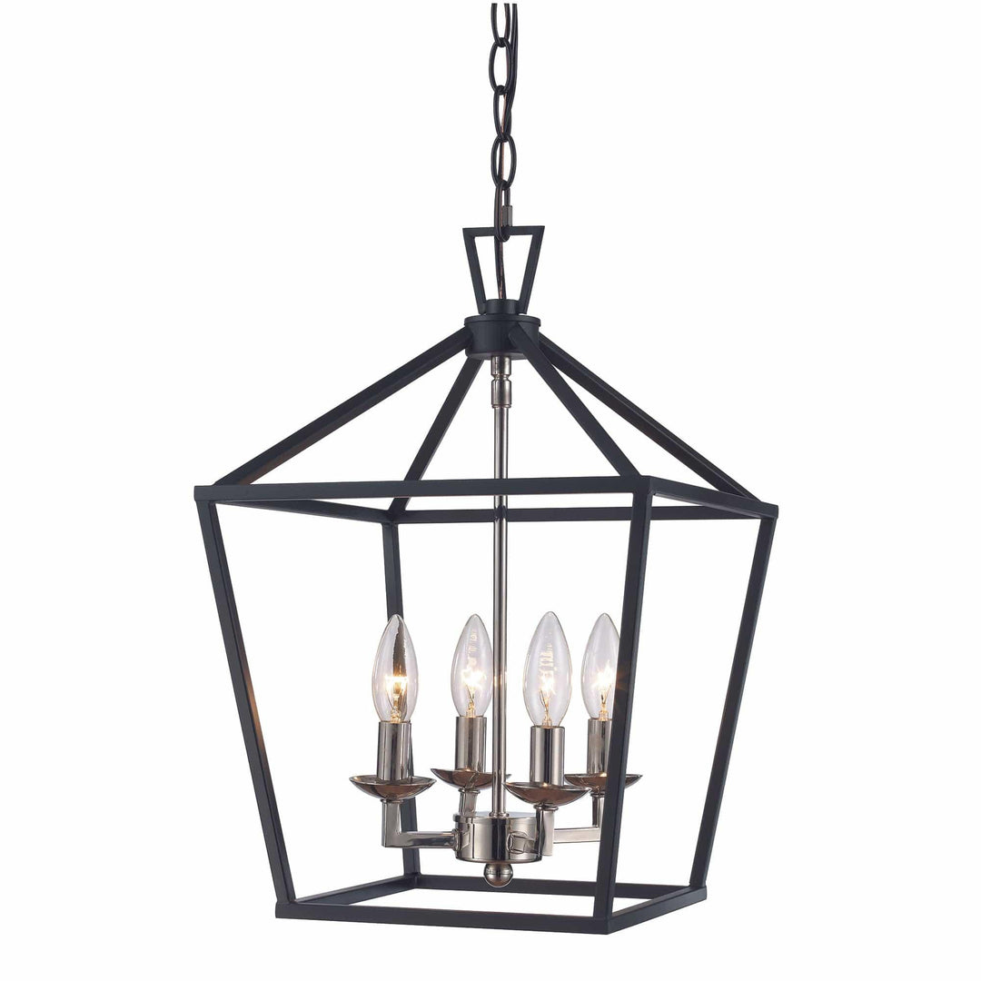 Pendant light with black birdcage frame and four candle bulbs for dining room or entryway lighting