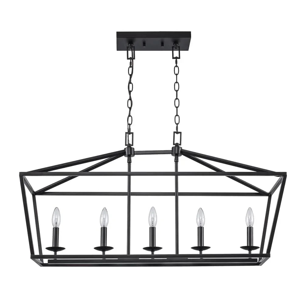 Rectangular modern pendant light with black metal birdcage frame, ideal for dining or kitchen lighting