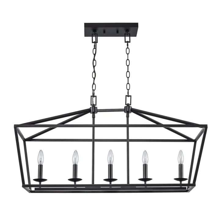 Rectangular modern pendant light with black metal birdcage frame, ideal for dining or kitchen lighting
