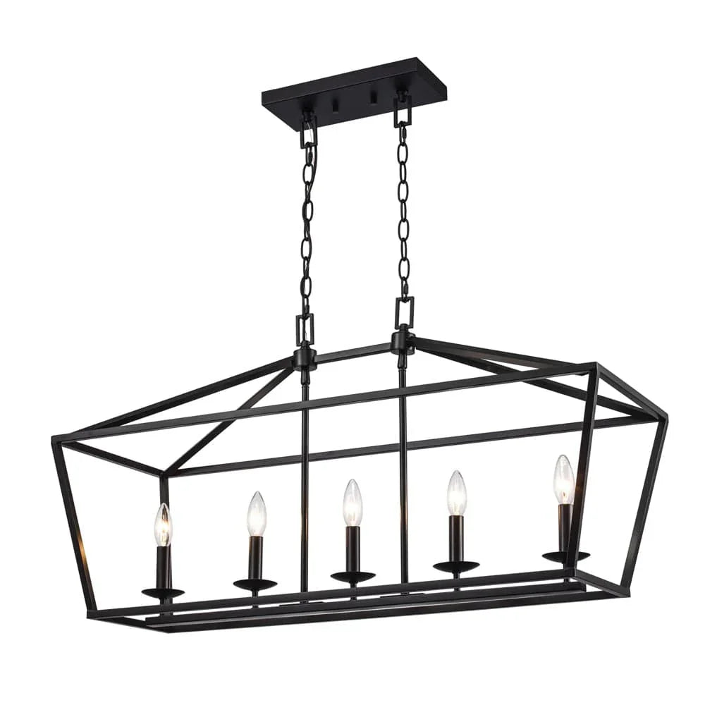 Pendant light fixture with black metal cage design and five bulbs for modern dining room lighting