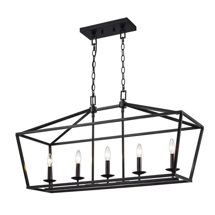 Pendant light fixture with black metal cage design and five bulbs for modern dining room lighting