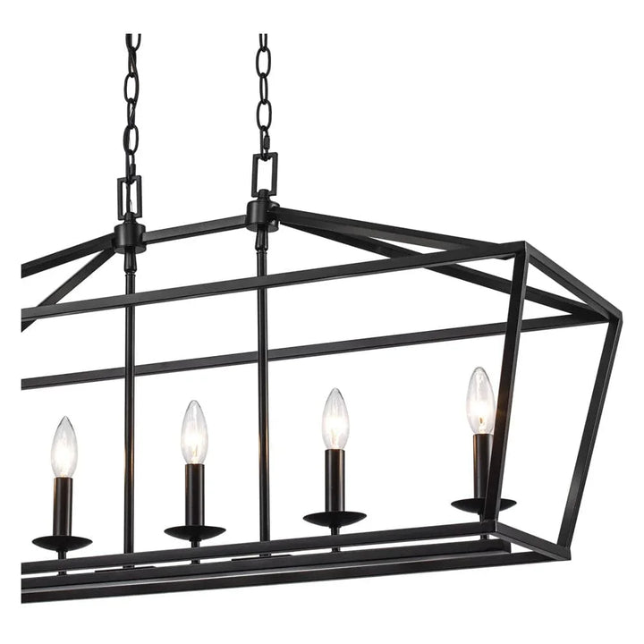 Pendant cage chandelier with black metal frame and exposed bulbs for modern dining room lighting