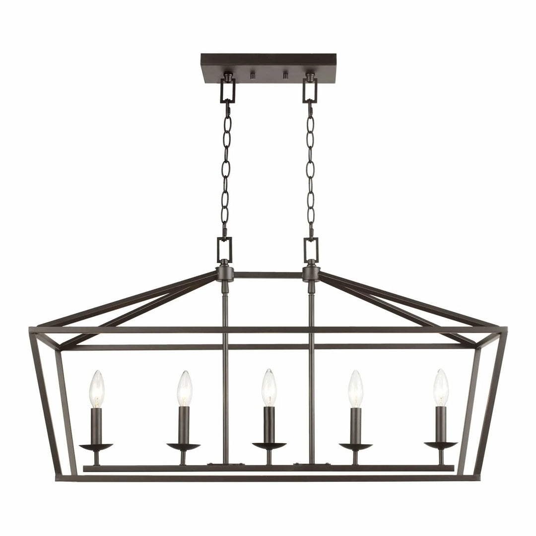Pendant style metal cage chandelier with five exposed bulbs for modern dining room lighting