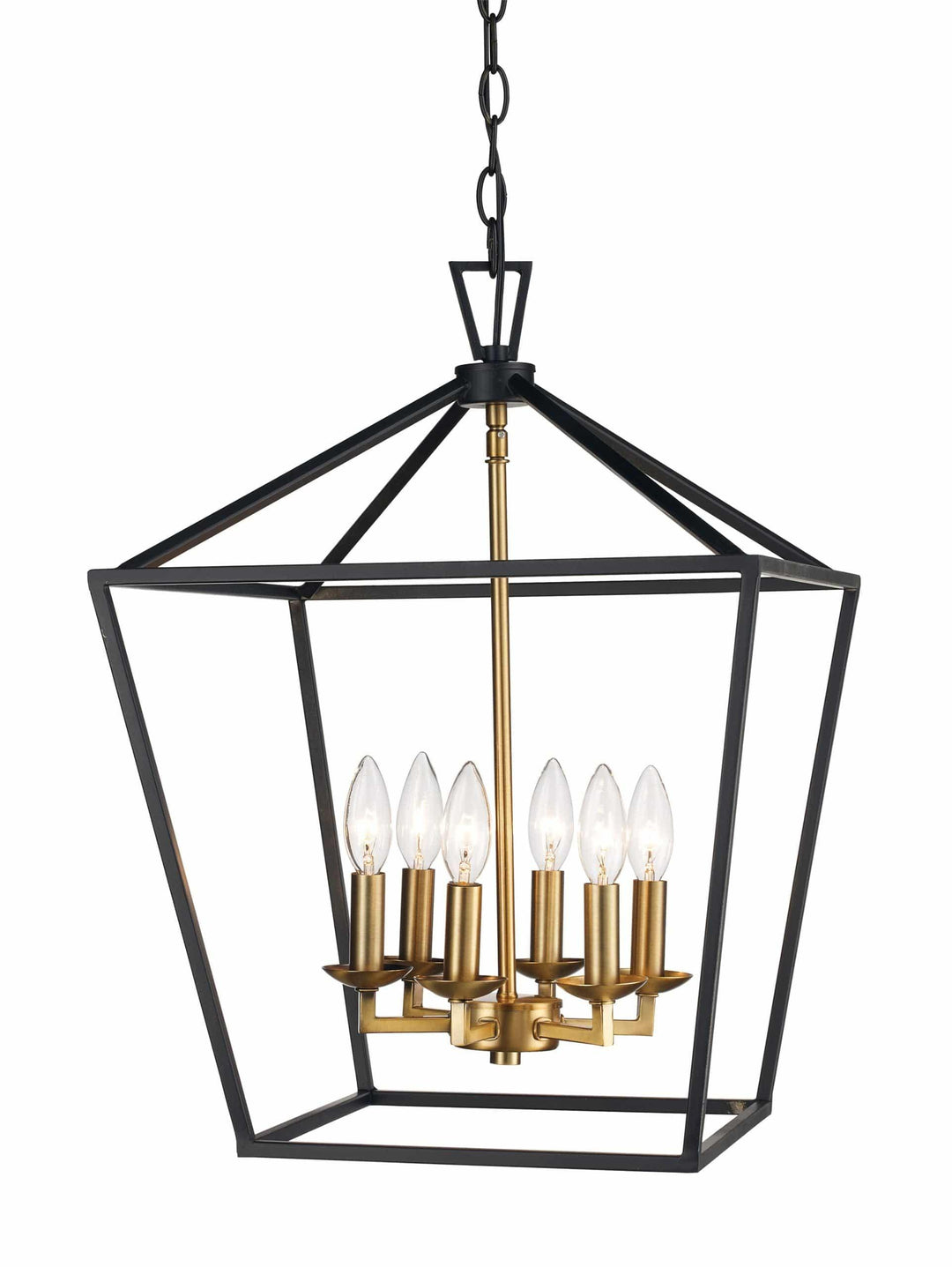 Pendant chandelier with black bird cage frame and gold candle-style lights for dining room lighting