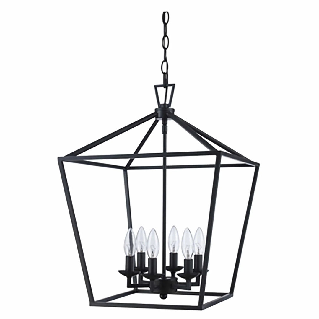 Pendant style metal cage chandelier with six bulbs for modern dining room or entryway lighting
