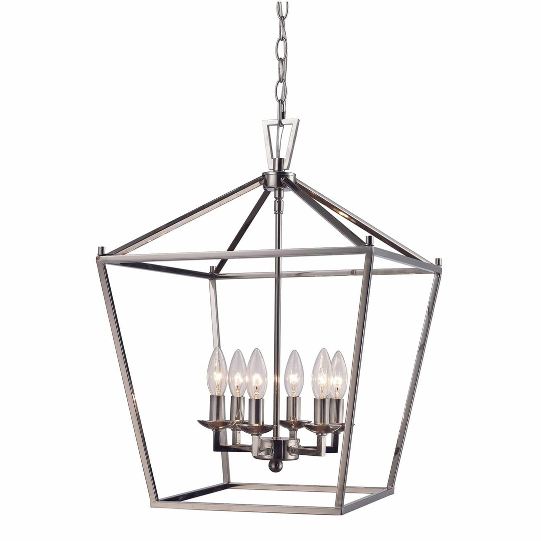 Pendant cage chandelier with polished chrome finish for modern dining room or entryway lighting