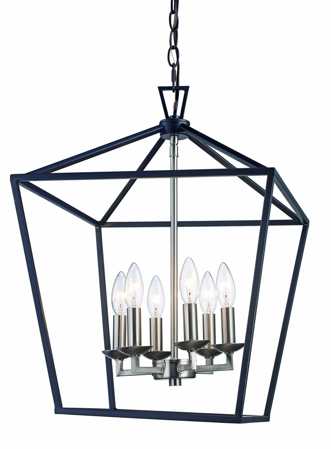 Pendant cage chandelier with eight candle-style lights for modern dining room or entryway lighting