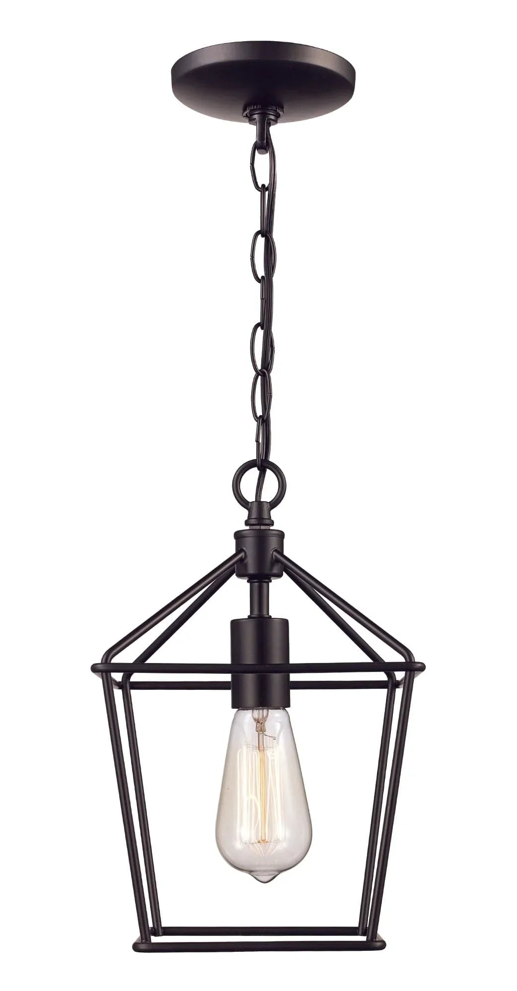 Pendant lantern light with black metal frame and exposed bulb for modern entryway or dining area