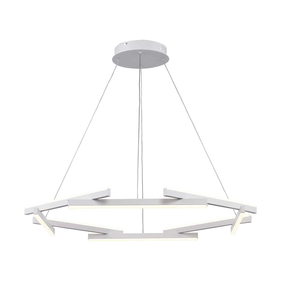 LED chandelier in geometric white design suspended for modern dining or living room lighting