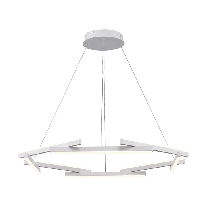 LED chandelier in geometric white design suspended for modern dining or living room lighting