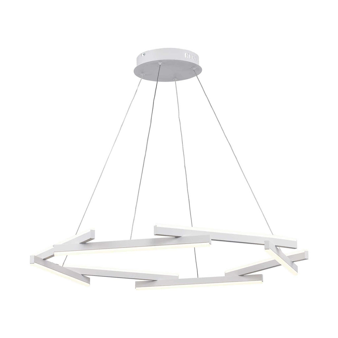LED chandelier with modern geometric white frame suspended by cables for contemporary living room lighting