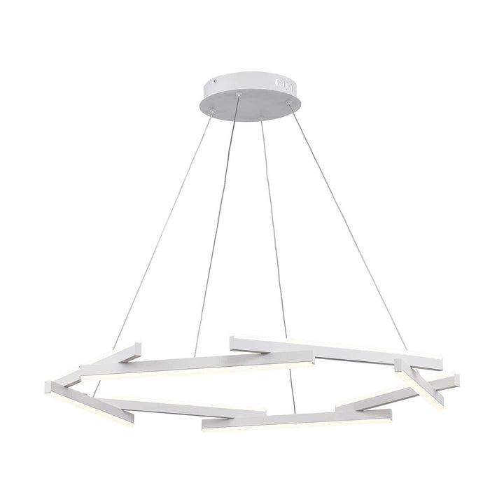 LED chandelier with modern geometric white frame suspended by cables for contemporary living room lighting