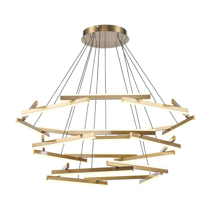 LED chandelier with 24 gold rods suspended by black cables for modern residential or commercial lighting