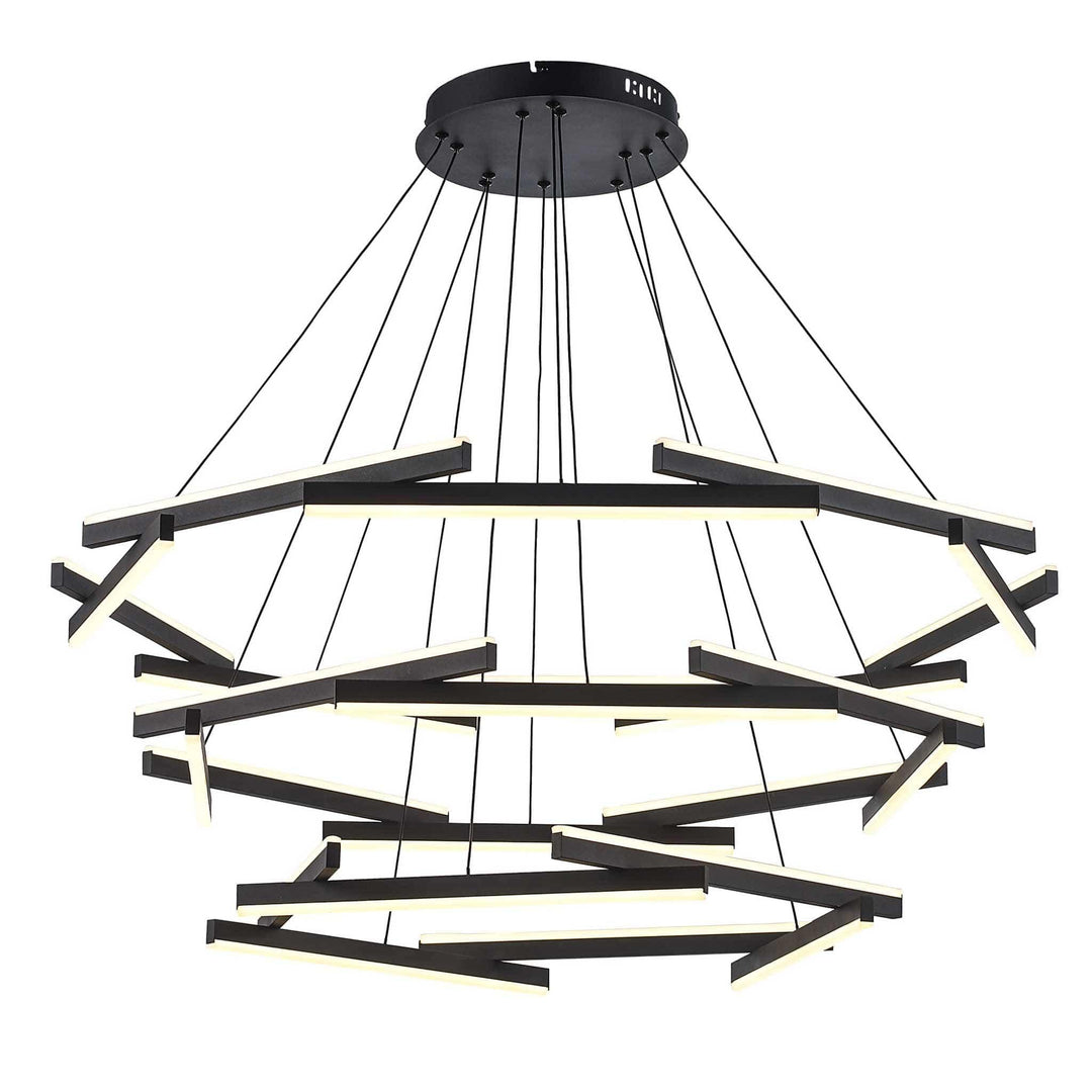 LED chandelier with 24 black rods suspended in tiers for modern architectural lighting