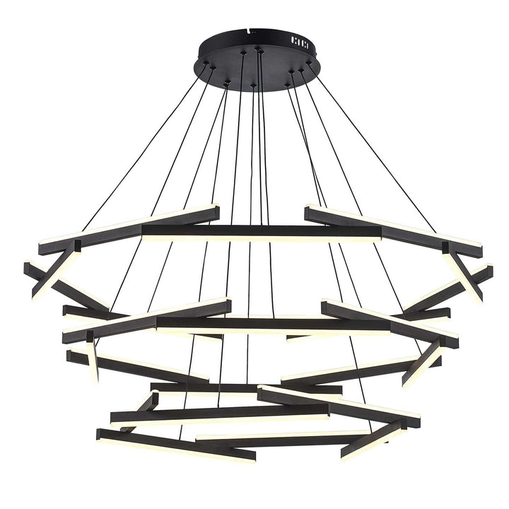LED chandelier with 24 black rods suspended in tiers for modern architectural lighting