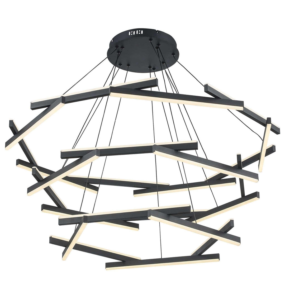 LED chandelier with multiple black rods for modern ceiling lighting in residential or commercial spaces
