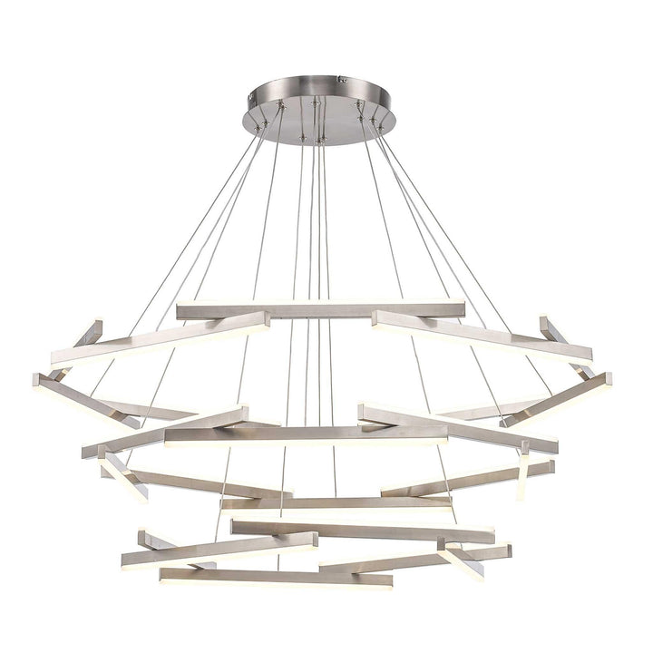 LED chandelier with brushed nickel finish and modern layered rods for architectural lighting