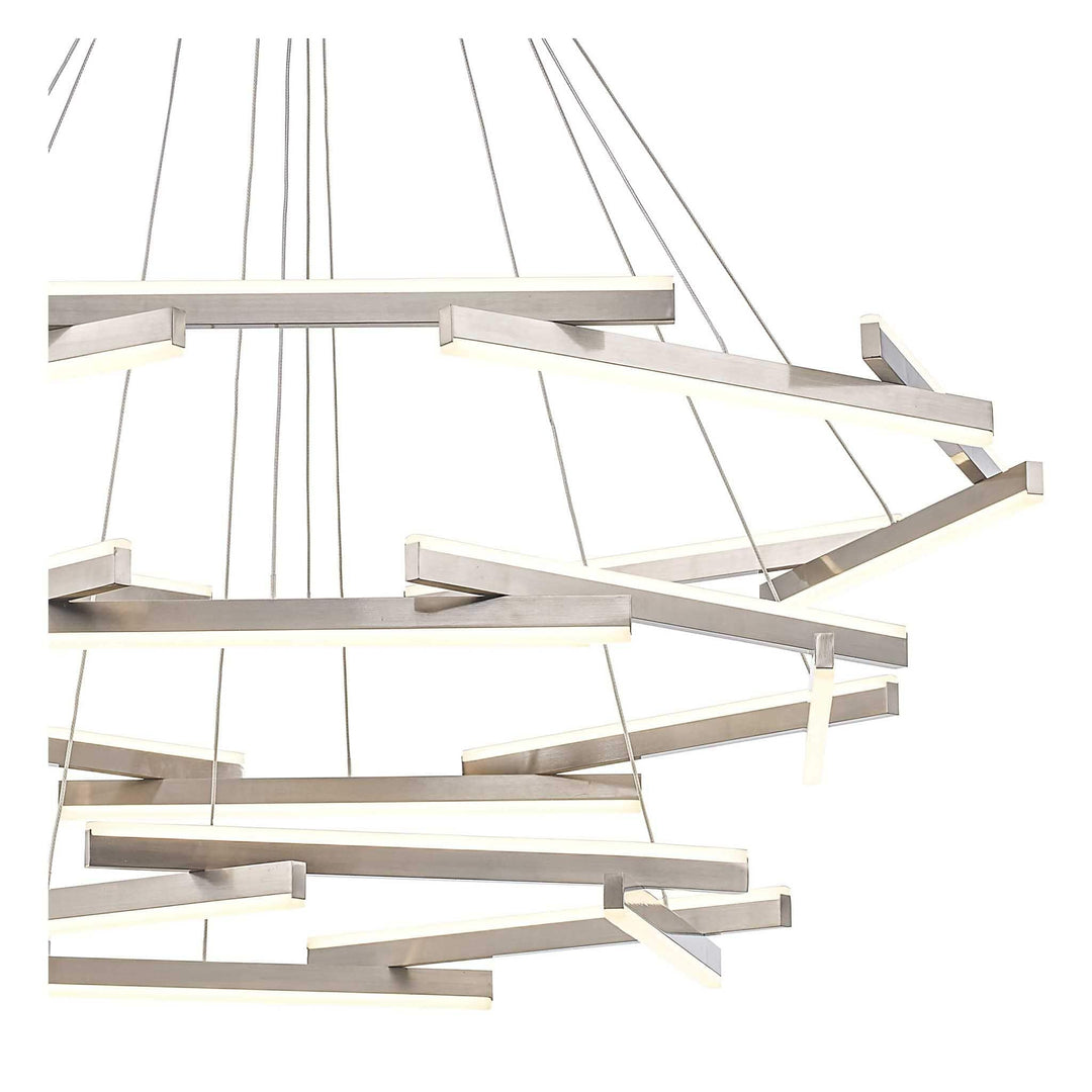 LED chandelier with multiple brushed nickel rods, modern design for commercial or residential spaces