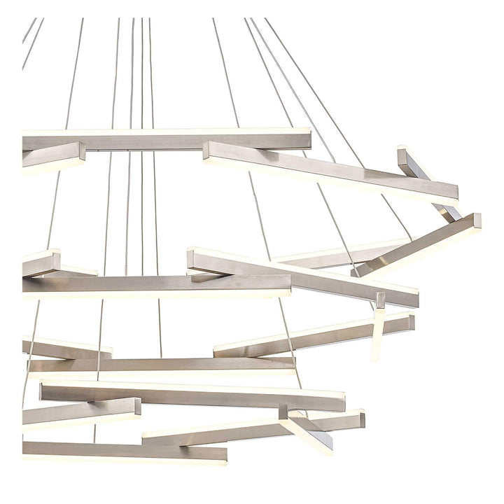 LED chandelier with multiple brushed nickel rods, modern design for commercial or residential spaces