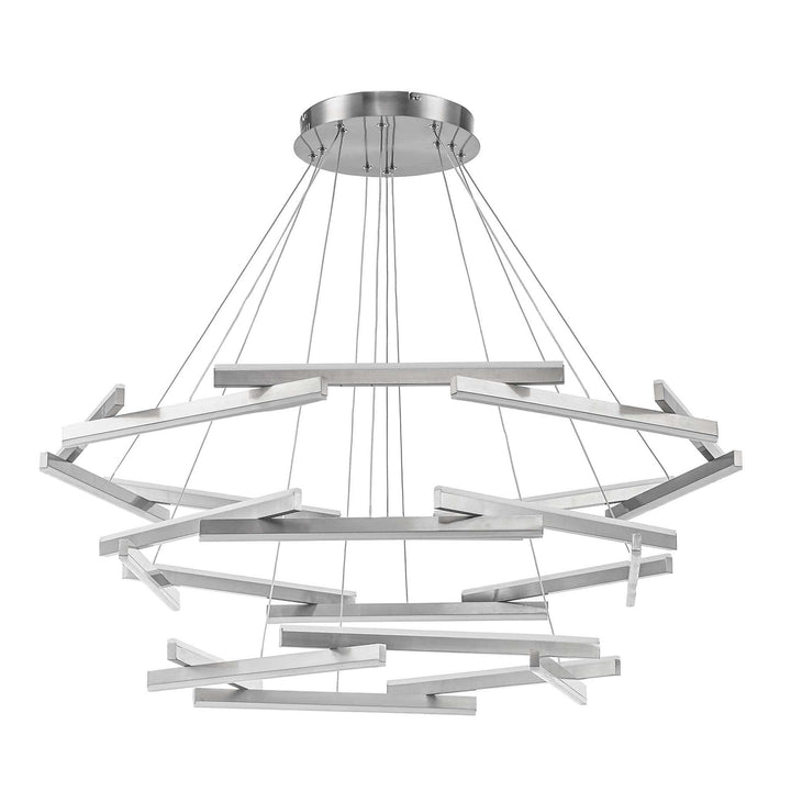 LED chandelier with brushed nickel finish and geometric rods for modern architectural lighting