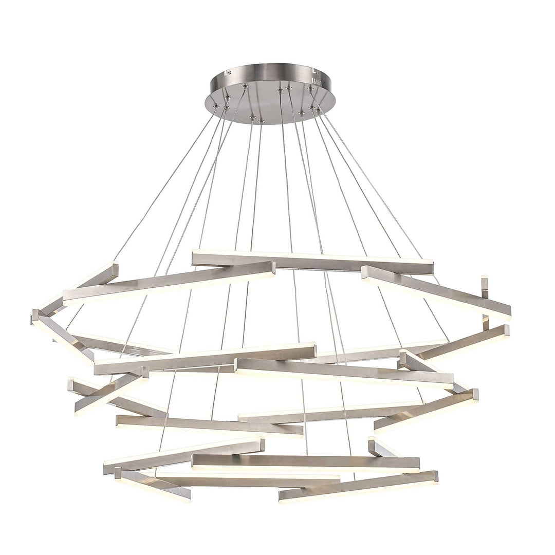 LED chandelier with 24 brushed nickel rods for modern architectural or commercial lighting