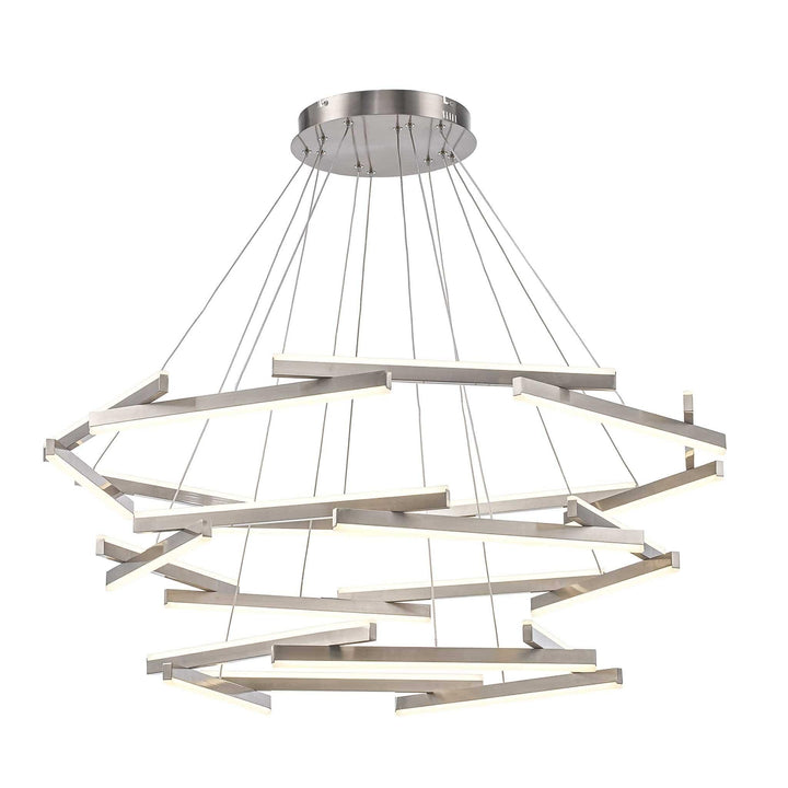 LED chandelier with 24 brushed nickel rods for modern architectural or commercial lighting