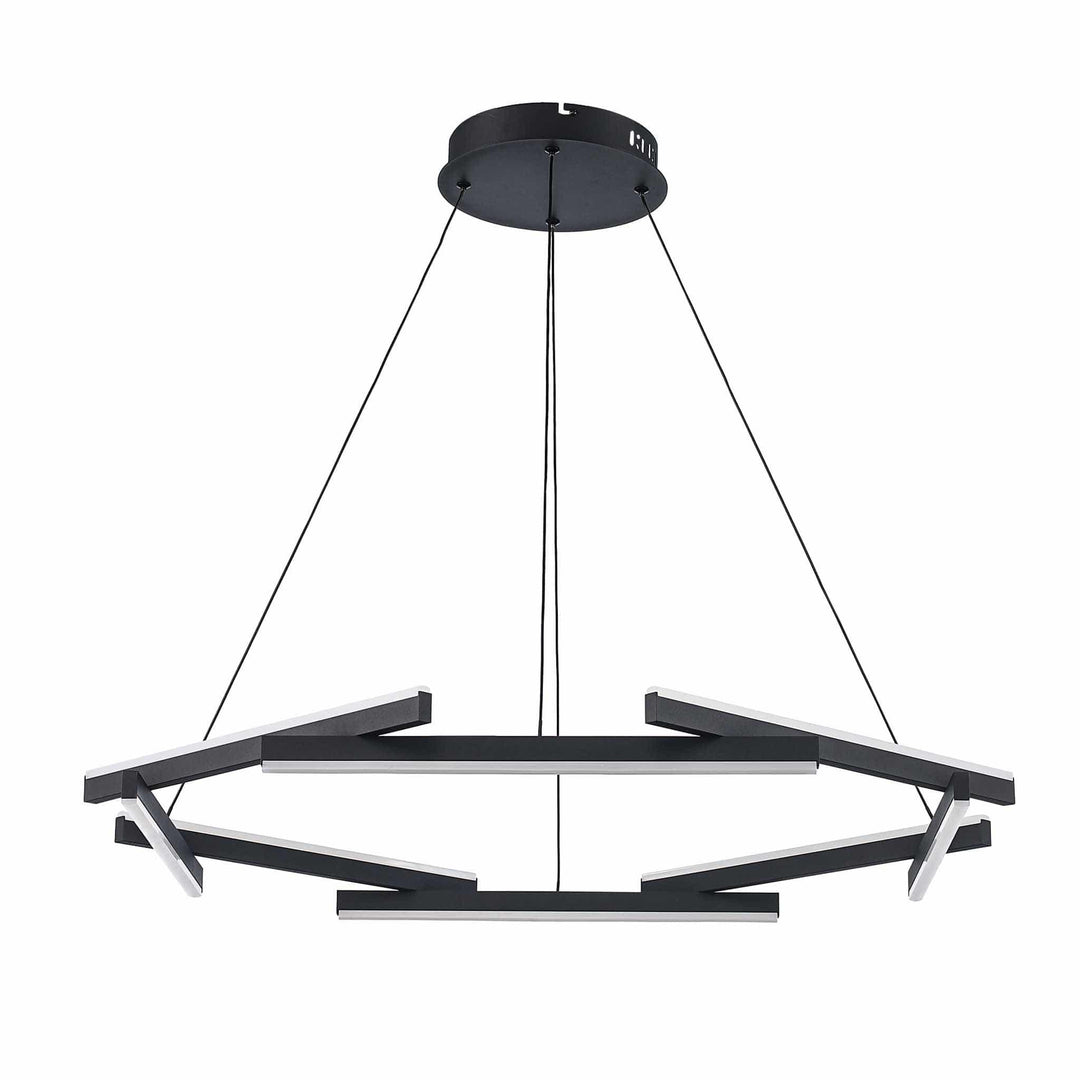 LED chandelier with modern black eight-rod design for contemporary living or dining spaces