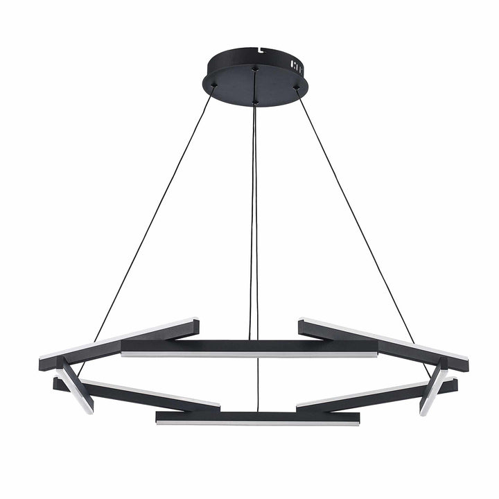 LED chandelier with modern black eight-rod design for contemporary living or dining spaces