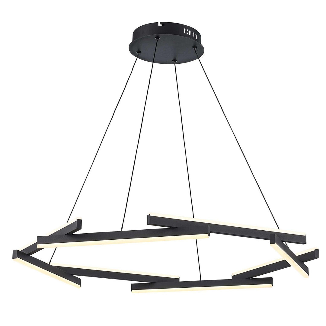 LED chandelier with 8 black rods suspended from ceiling, modern lighting for residential or commercial spaces