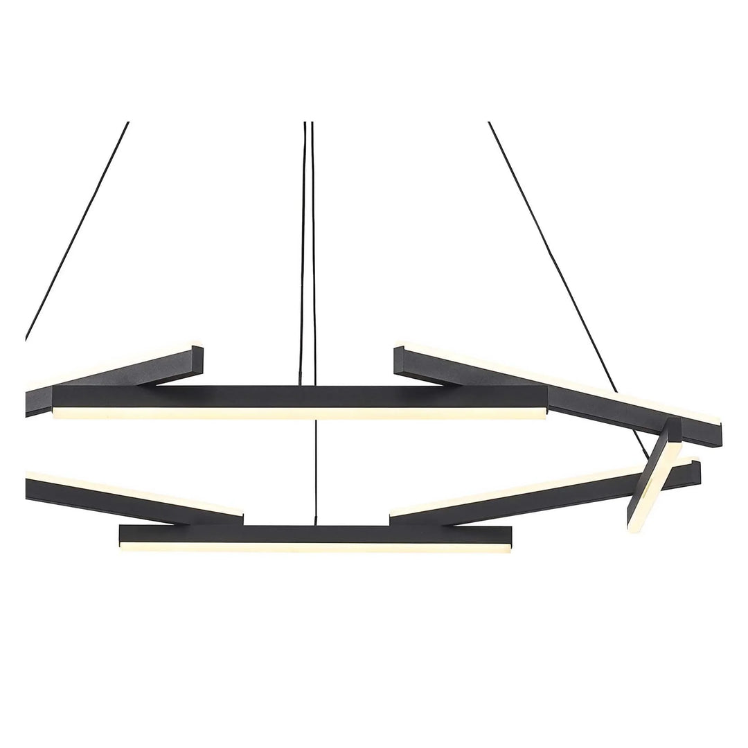 LED chandelier with modern black rods ideal for contemporary dining room or commercial lighting