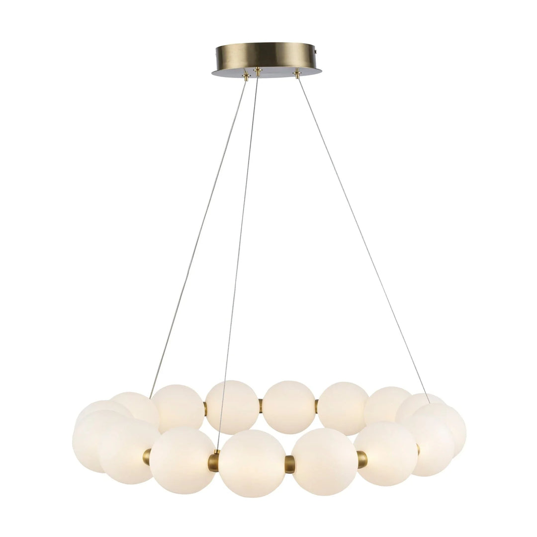 LED ring chandelier with frosted glass globes and antique gold finish for modern interior lighting