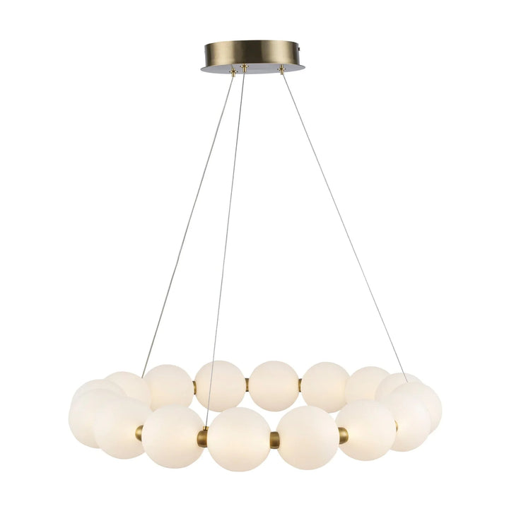 LED ring chandelier with frosted glass globes and antique gold finish for modern interior lighting