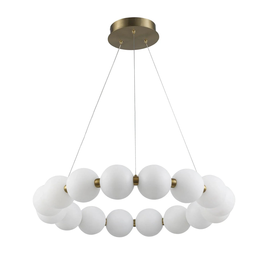 LED pendant chandelier with frosted glass globes in a gold ring, ideal for modern dining or living rooms