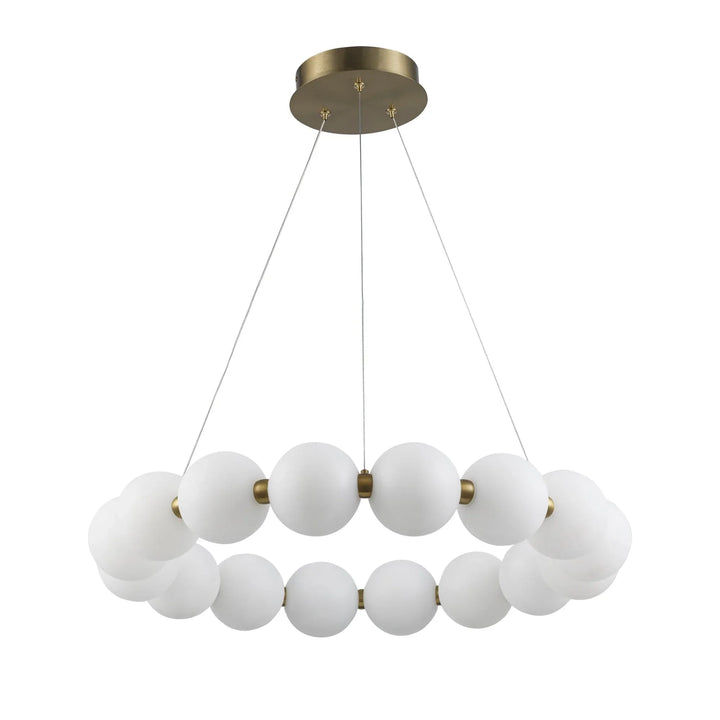 LED pendant chandelier with frosted glass globes in a gold ring, ideal for modern dining or living rooms
