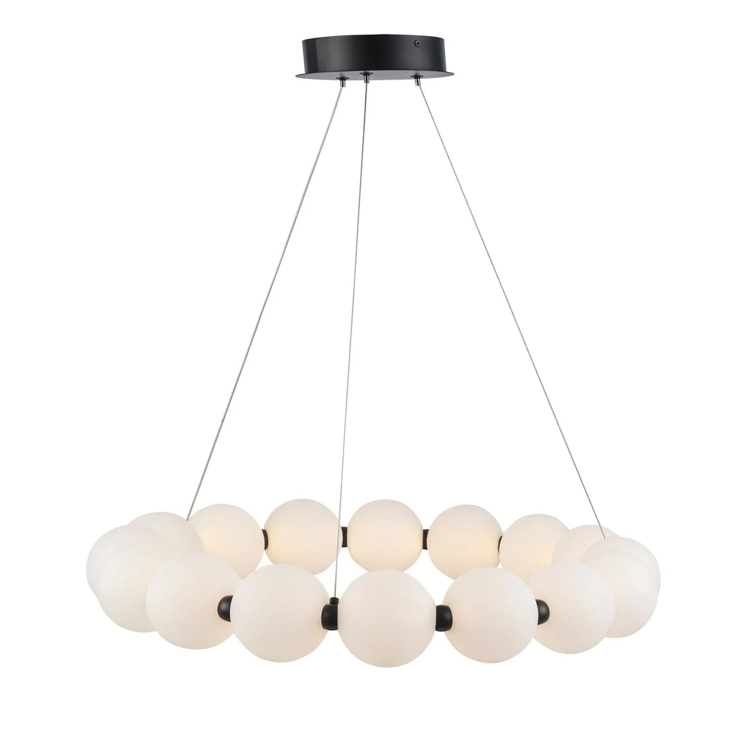 LED ring chandelier with frosted glass globes and black frame for modern living or dining rooms