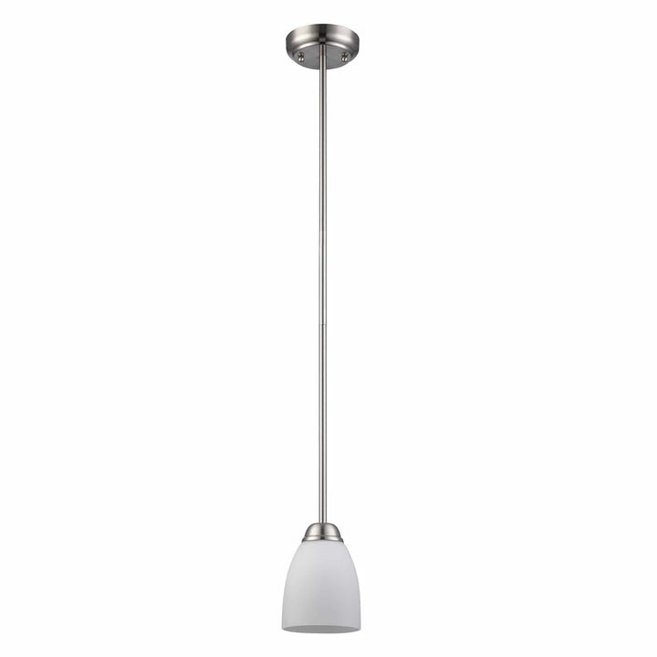 Mini pendant light with brushed nickel finish and frosted glass shade for kitchen island lighting