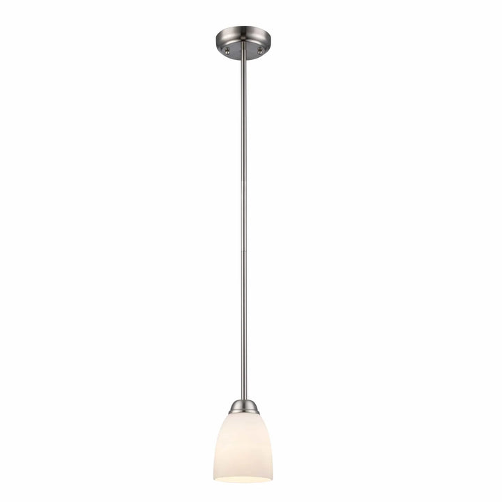 Mini pendant ceiling light with brushed nickel finish and frosted glass shade for kitchen islands
