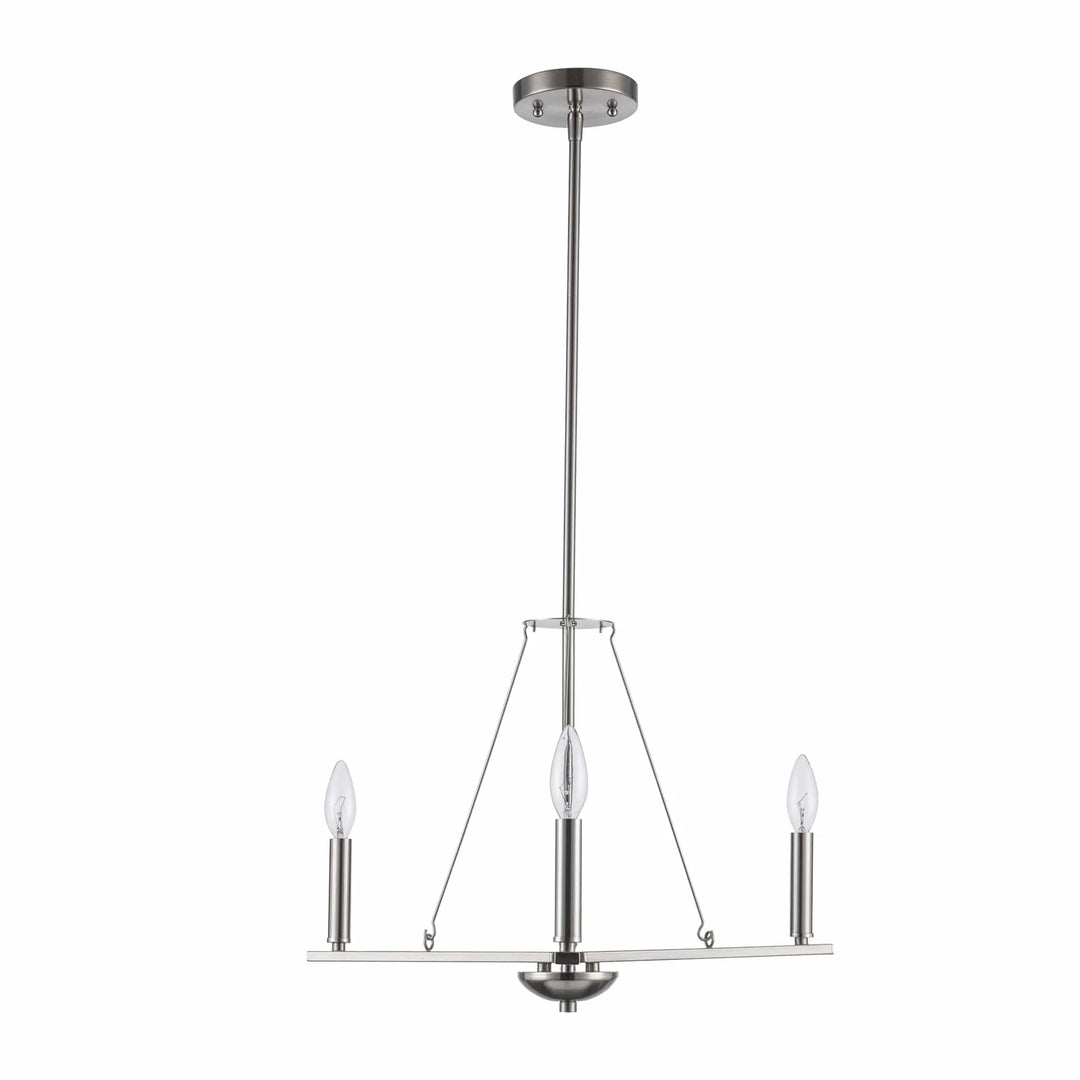 Three-light brushed nickel pendant chandelier for modern dining room or entryway lighting