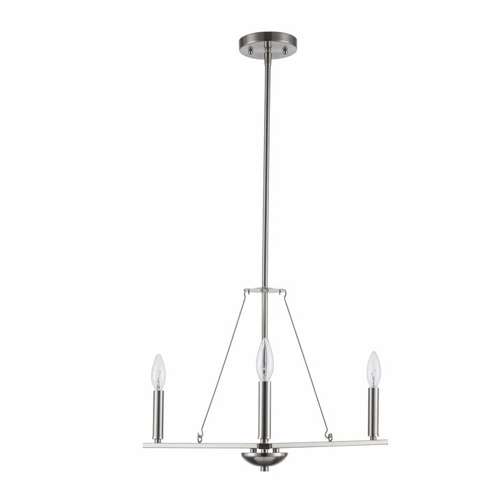 Three-light brushed nickel pendant chandelier for modern dining room or entryway lighting