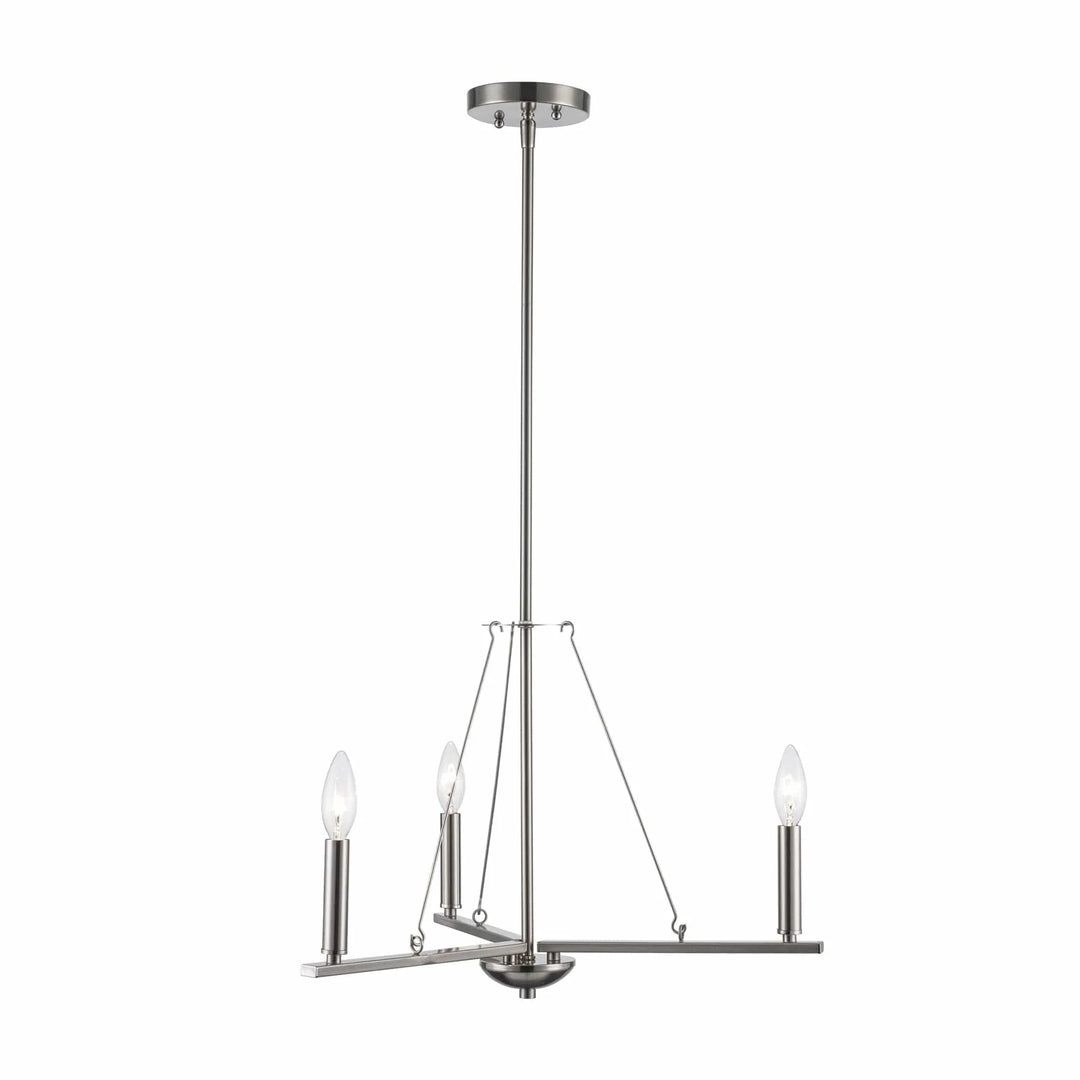 Modern three-light brushed nickel chandelier for dining room or entryway ceiling lighting